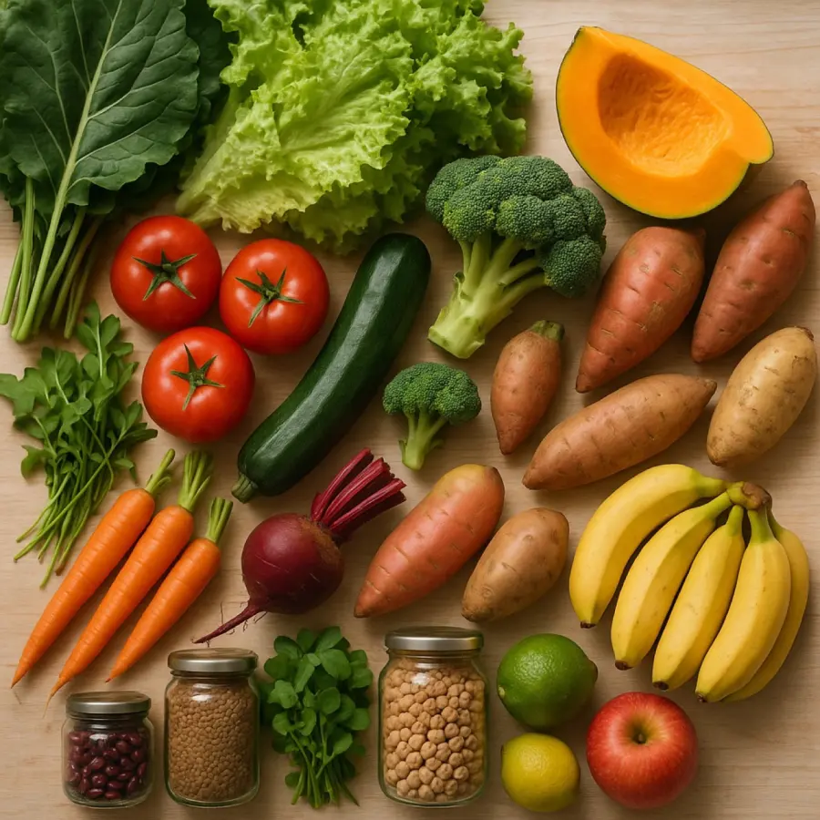 Vegetais, frutas e leguminosas frescas sobre a mesa