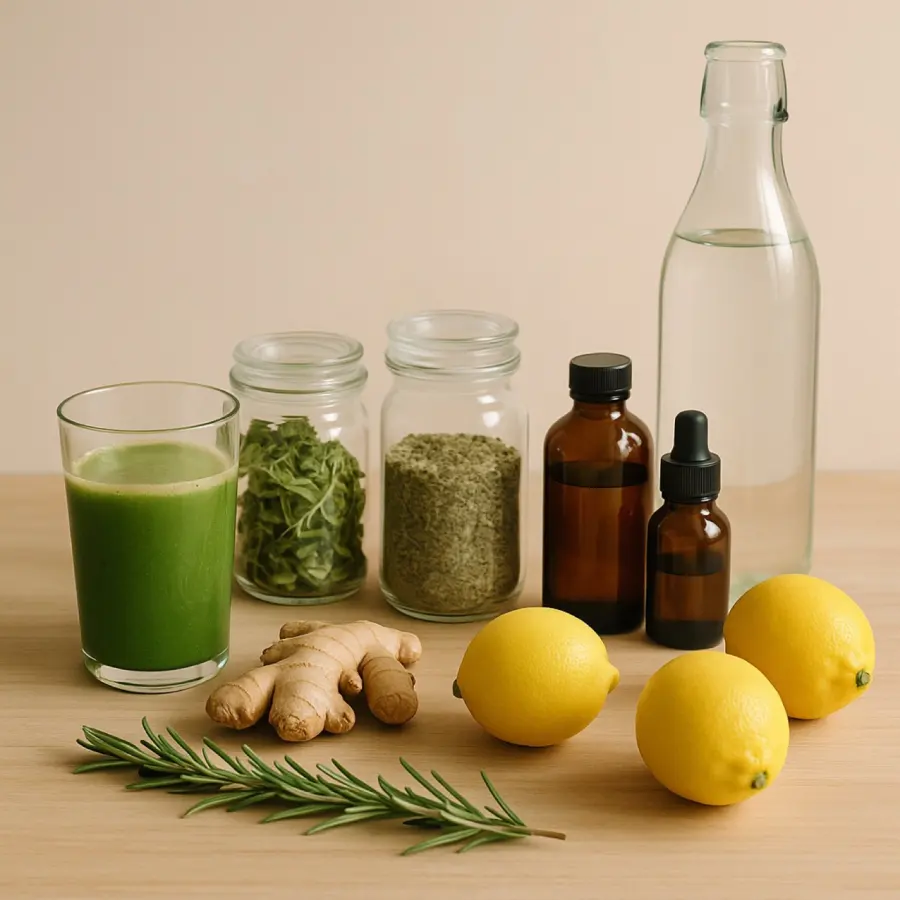 Kit da farmácia natural: água, ervas, suplementos, gengibre e limão