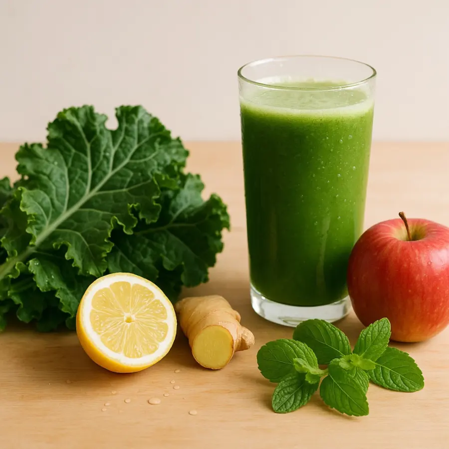 Ingredientes do suco verde: couve, limão, gengibre, maçã e hortelã