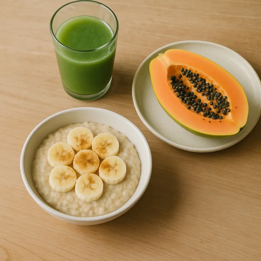 Café da manhã leve da semana 1: mingau, suco verde e mamão